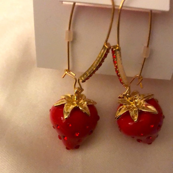 Betsey Johnson Gold Tone Babycakes Red Strawberry Drop Earrings Crystal NWT - Picture 4 of 11
